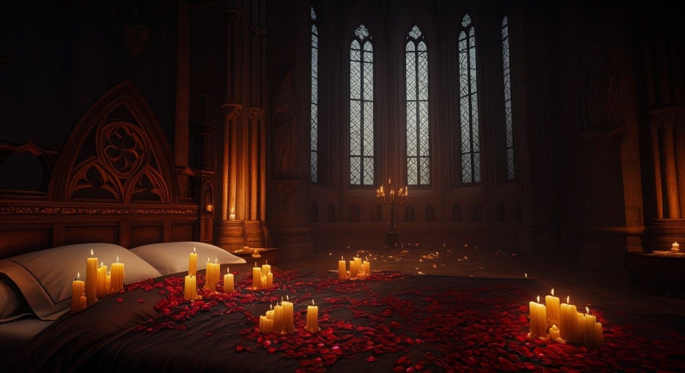Gothic Cathedral Bed of Roses in Dark Surrealism