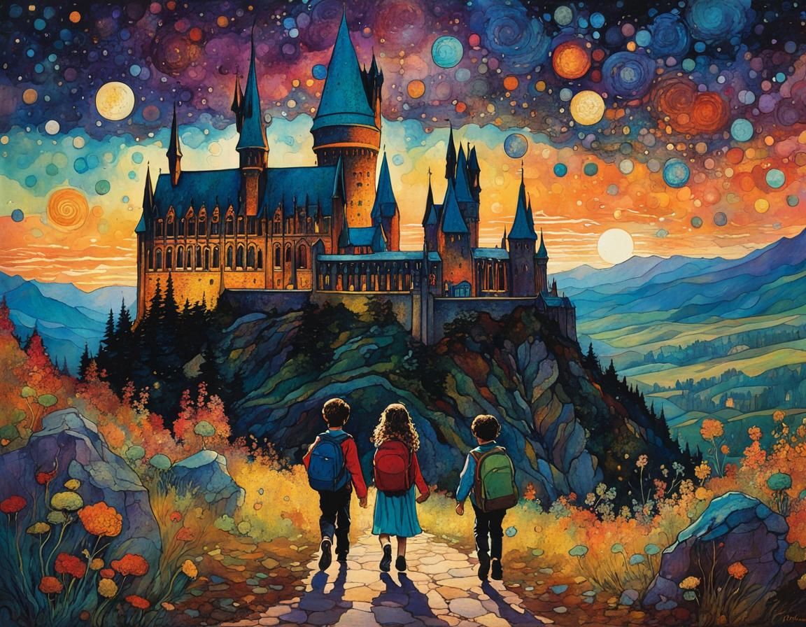Wizard Children Return to Hogwarts: Whimsical Illustration