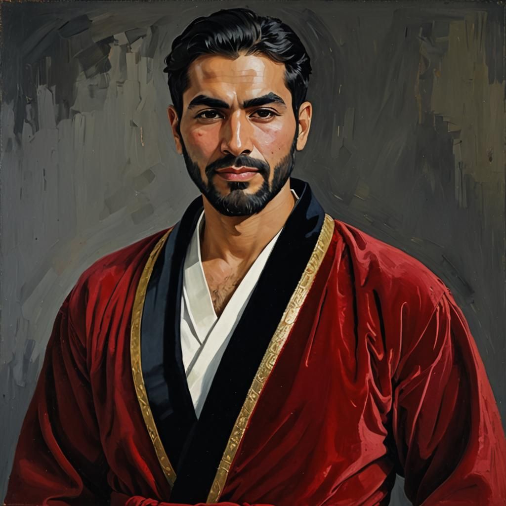 Expressionist Portrait of Man in Red Velvet Bathrobe