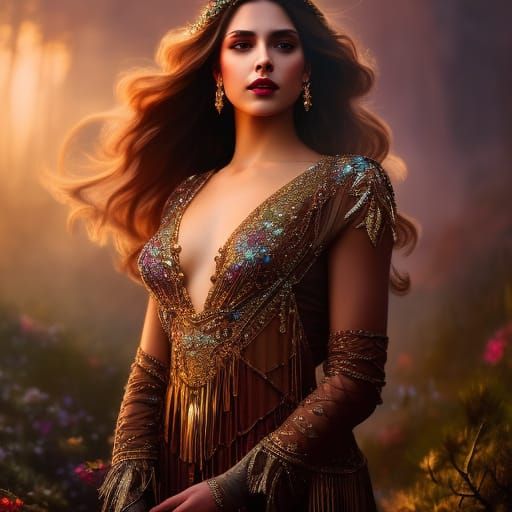 Boho-Chic Woman in Magical Desert Art Nouveau Portrait