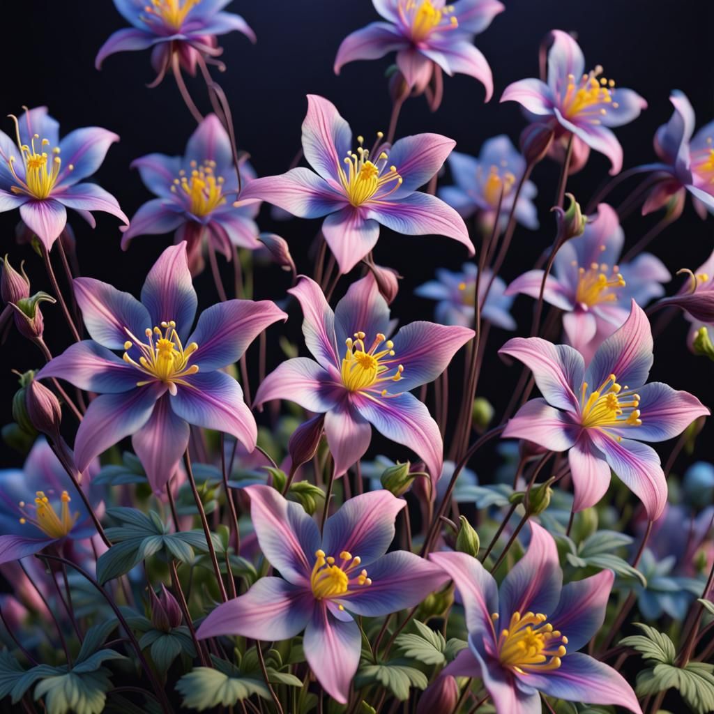 Glowing Columbine Flowers in Deep Color, 8K