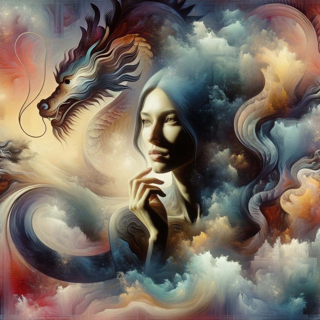 Surreal Middle Eastern Goddess Amidst Ethereal Dragon Shadow...