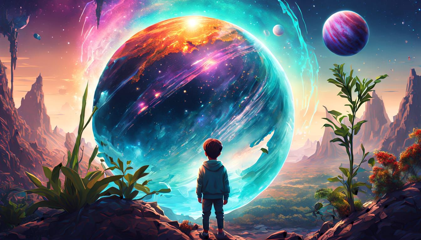 Boy and Broken Planet: Holographic Cosmic Illustration