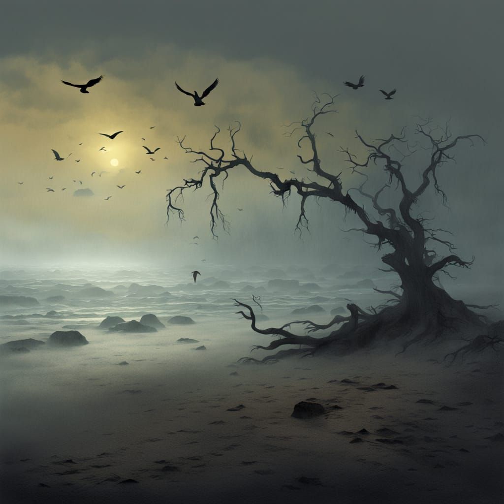 Misty and foggy beach at twilight, eerie atmosphere, silhouettes of driftwood and seabirds, Gothic art, Zdzislaw Beksins...