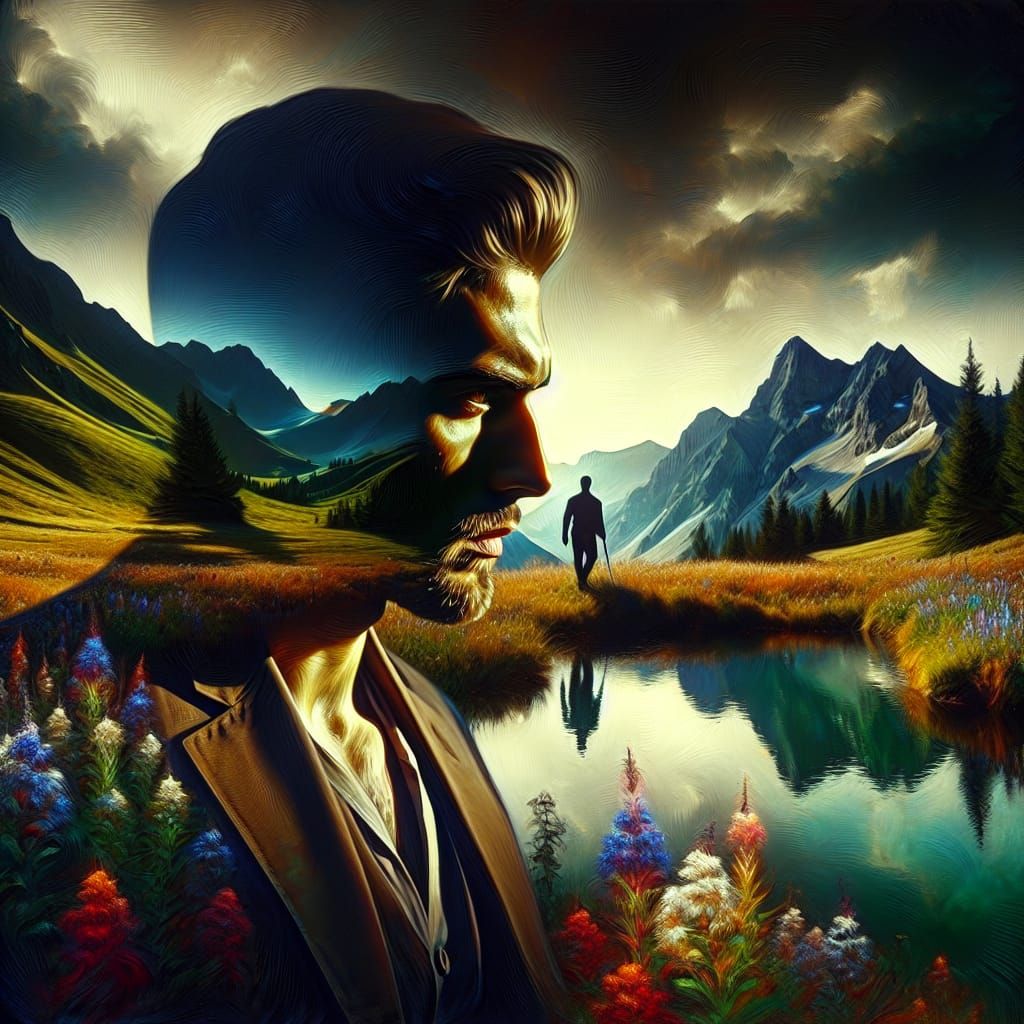 Hyperrealistic Portrait Observing Mountain Landscape