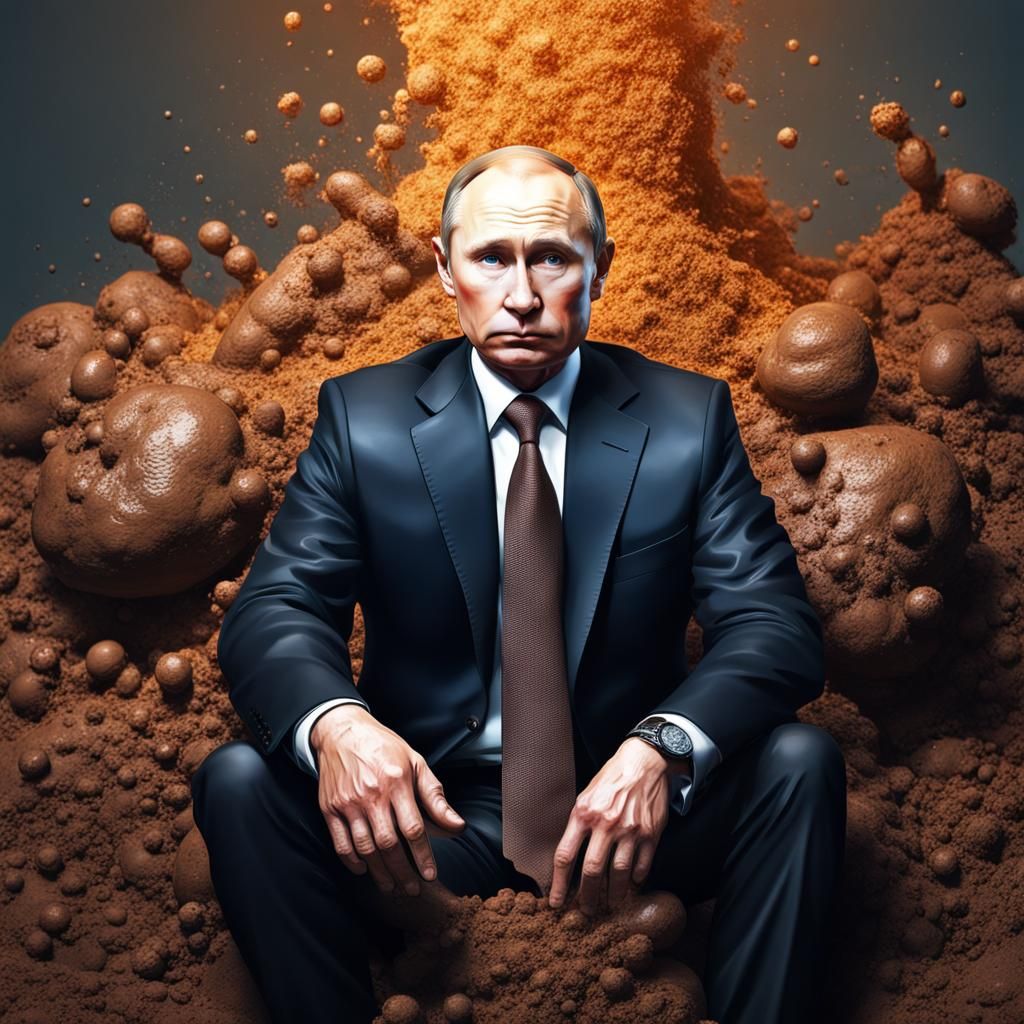 Hyperrealistic Image: Putin in Manure, Detailed Splash Art