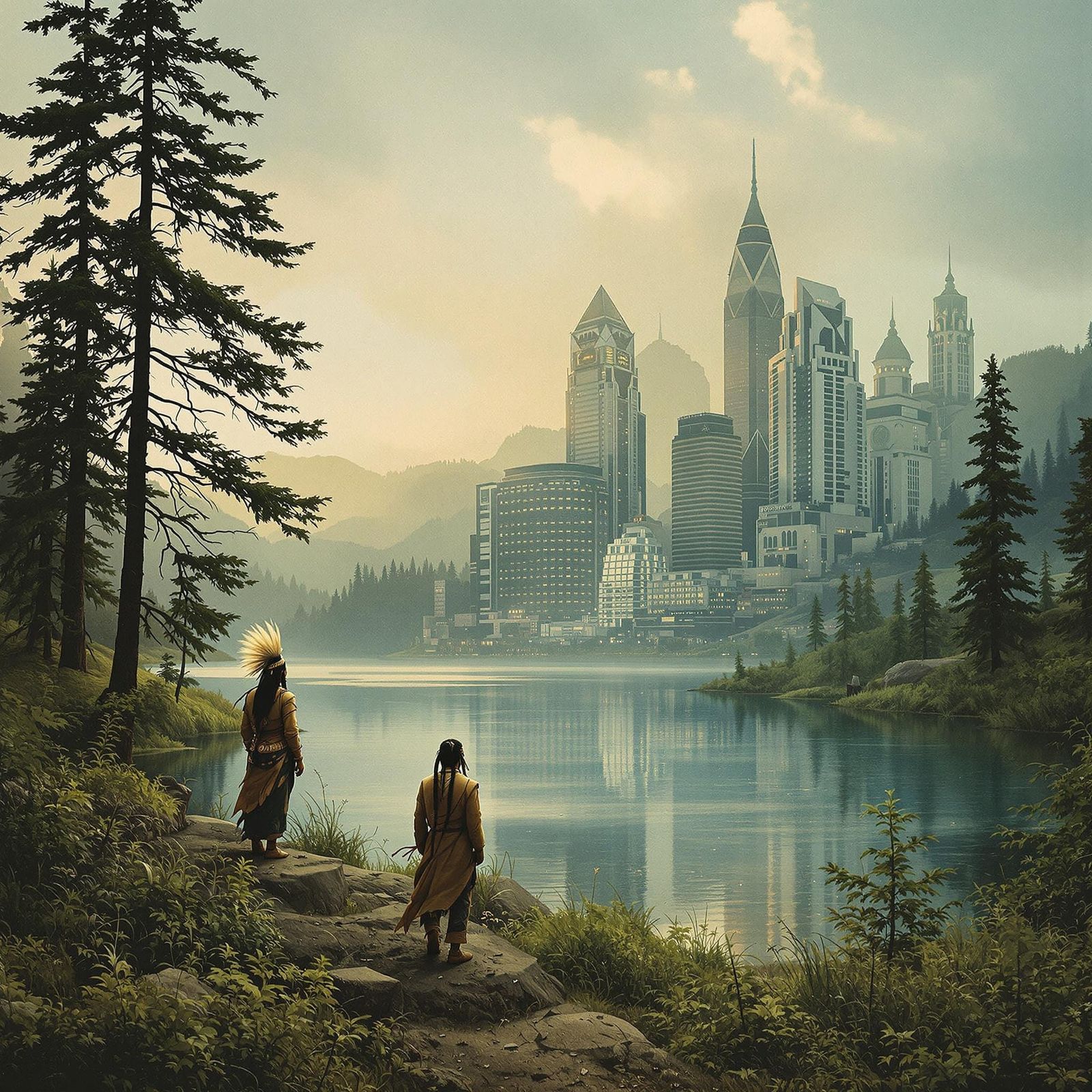 Ghostly Cityscape Over Native Landscape