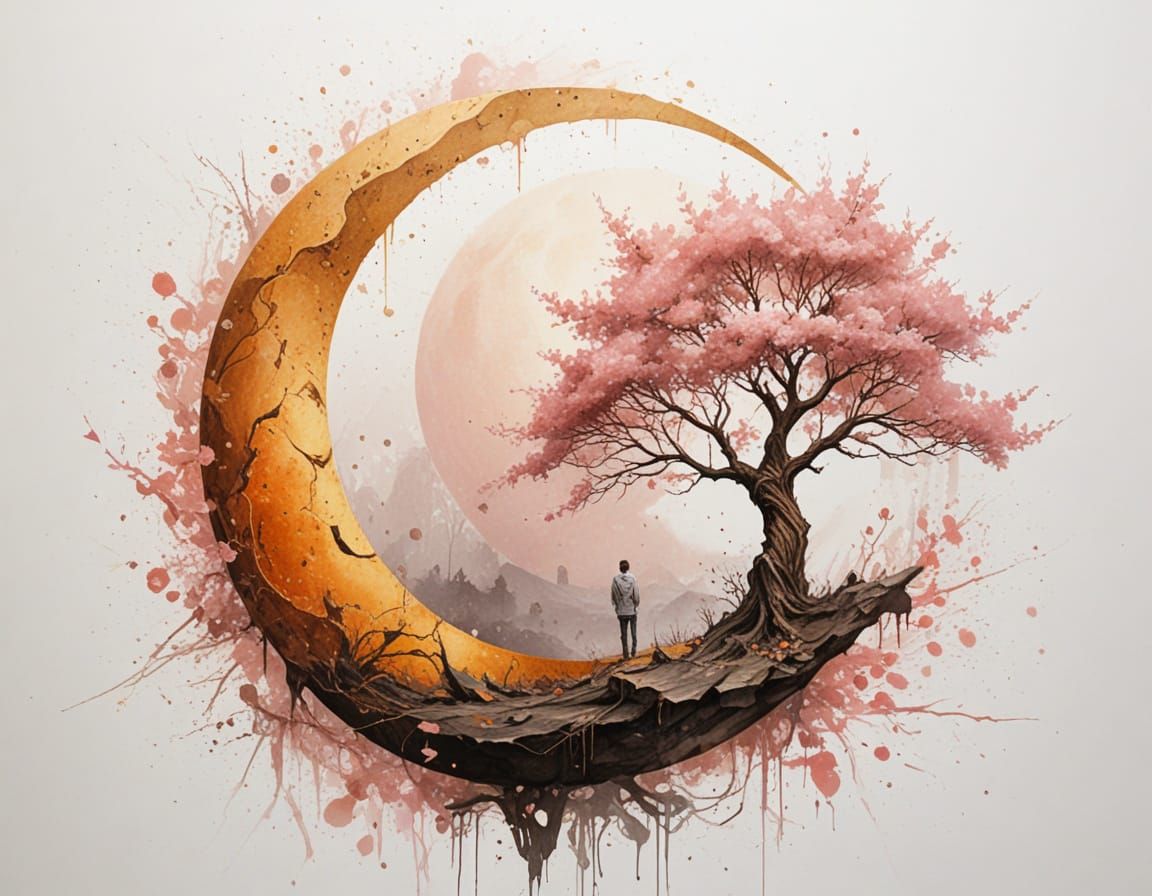 Surreal Golden Moon With Luminous Tree and Lone Figure
