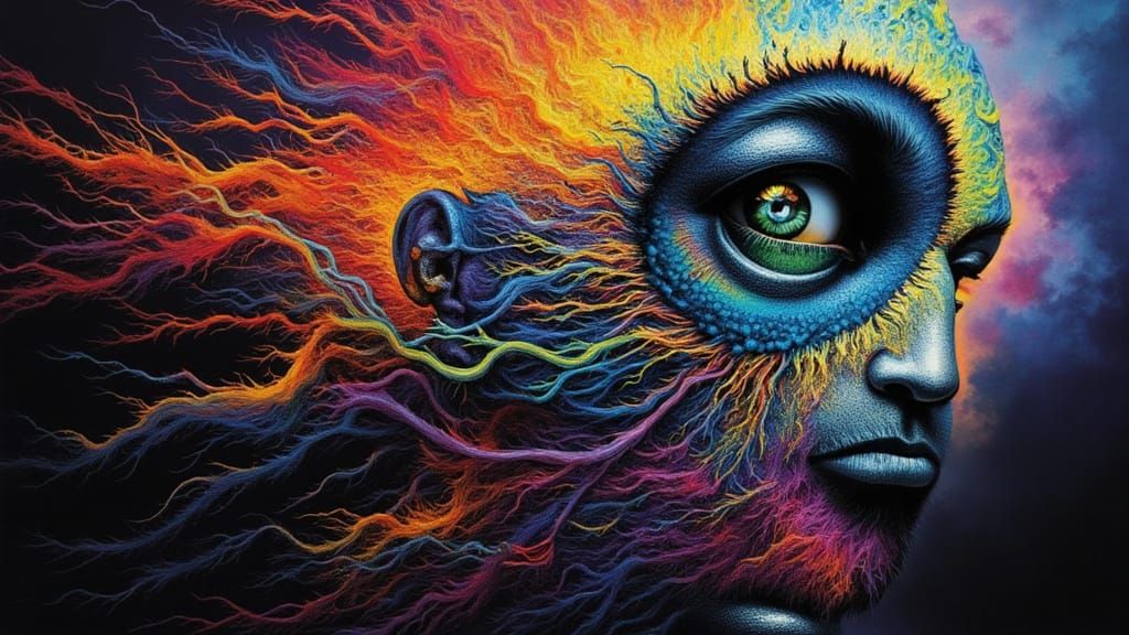 Fractal Faced Man with Rainbow Lightning, Dark Fantasy Art