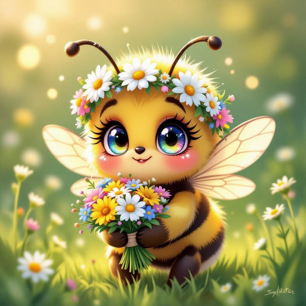 Kawaii Fluffy Bee with Flower Crown and Wildflowers