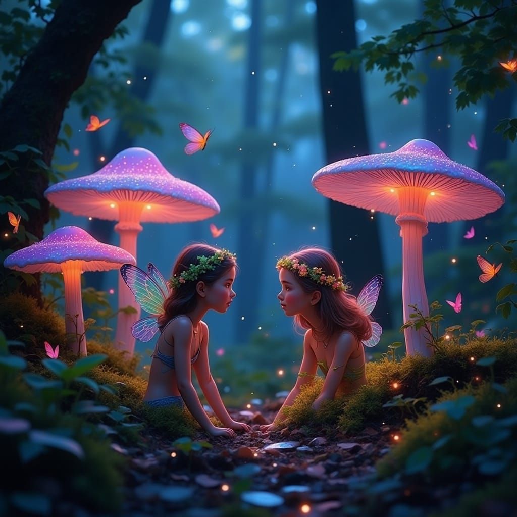Whimsical Fairy Gathering in Enchanted Mushroom Circle