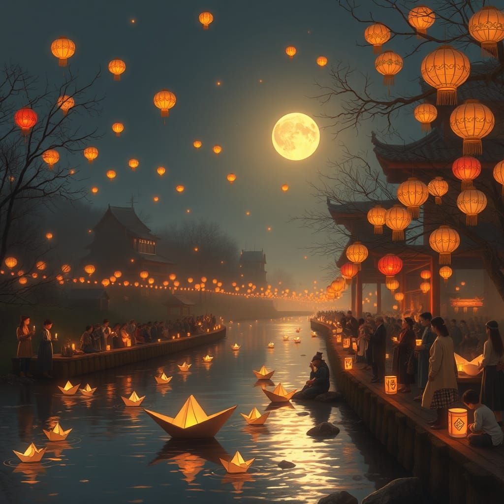Chinese Lantern Festival River Scene in Digital Painting Sty...