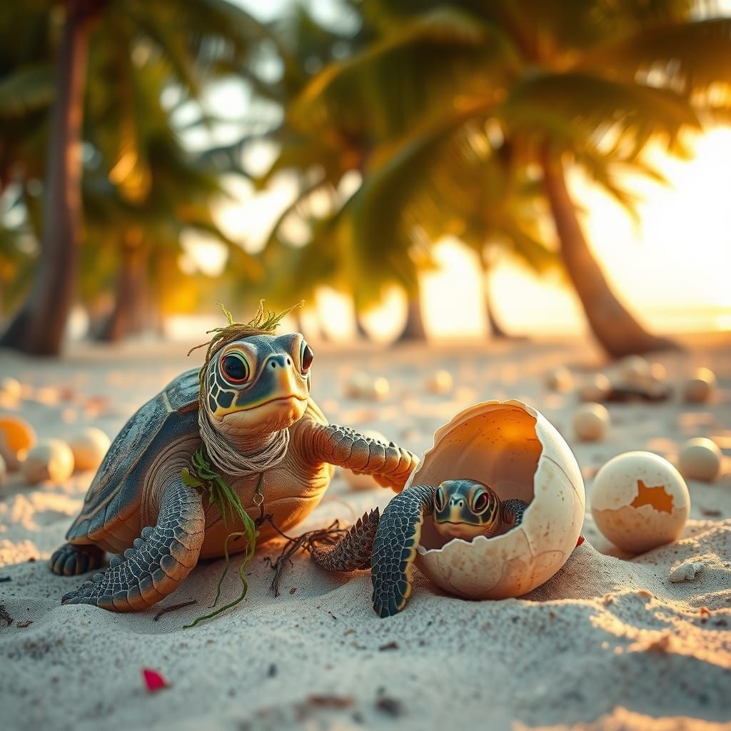 Sea Turtle's Astonishment at Tiny Hatchling on Beach