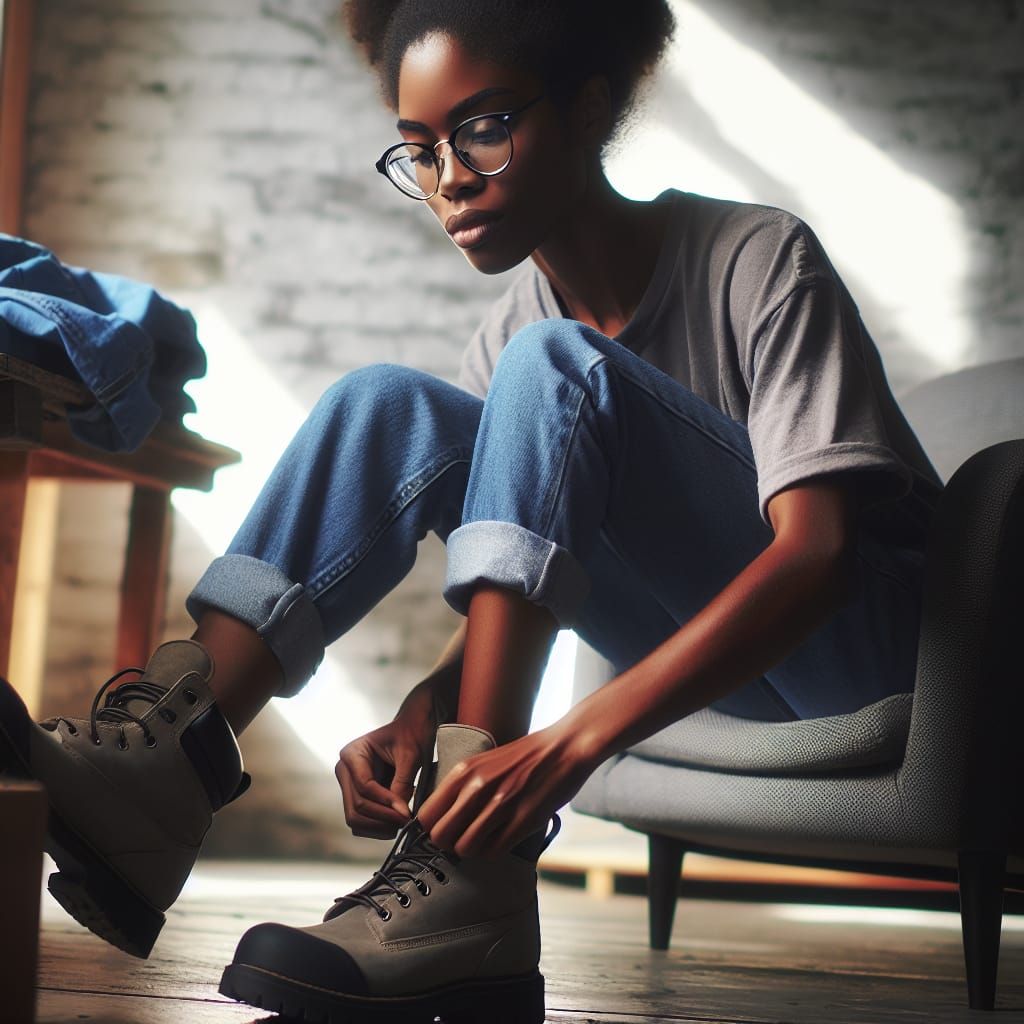 Woman Lacing Work Boots in Gentle Light