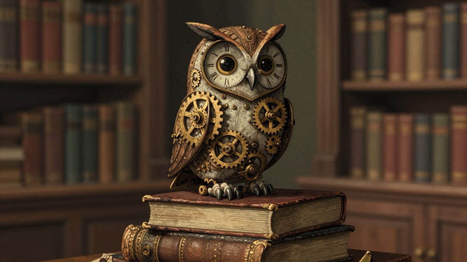 Whimsical Clockwork Owl on Books in Dusty Library