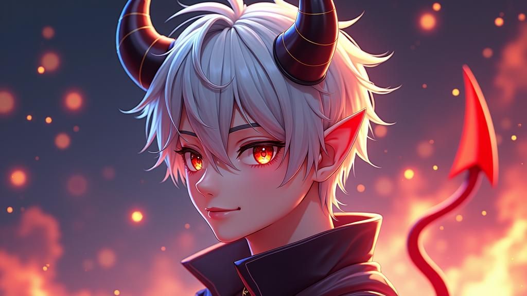 Anime Devil with Silver Hair and Neon Accent Lighting