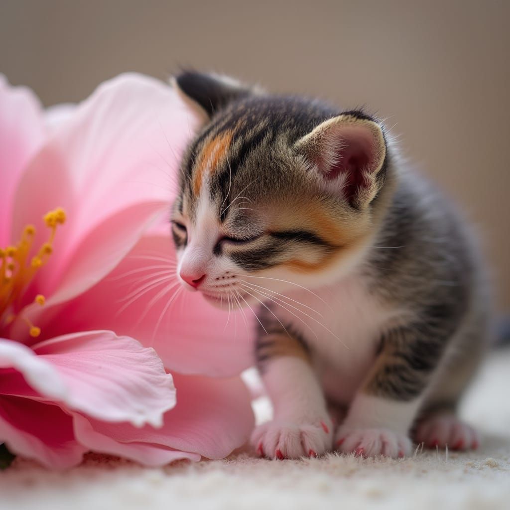 Adorable Tricolor Kitten Pokes Flower