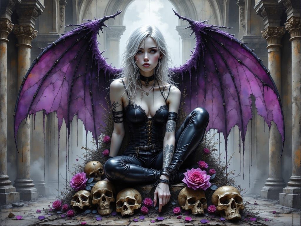 Gothic Angel on Skull Throne in Dreamlike Style