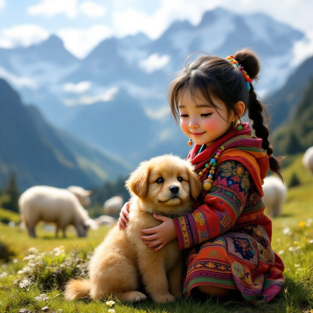 Tibetan Girl Hugs Lhasa Apso Puppy in the Himalayas