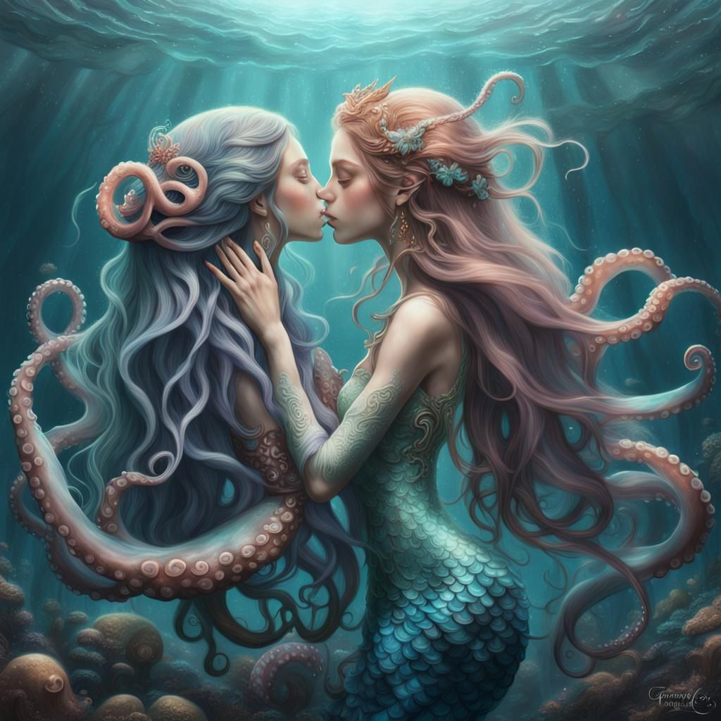 Mermaid Kissing Octopus in Ethereal Pastel Art