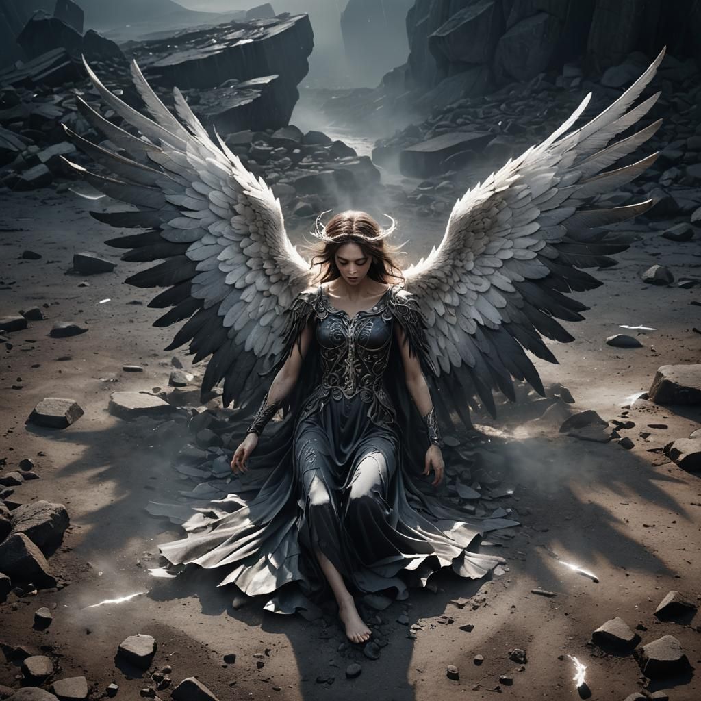 Fallen Angel on Desolate Ground in Dark Surrealism