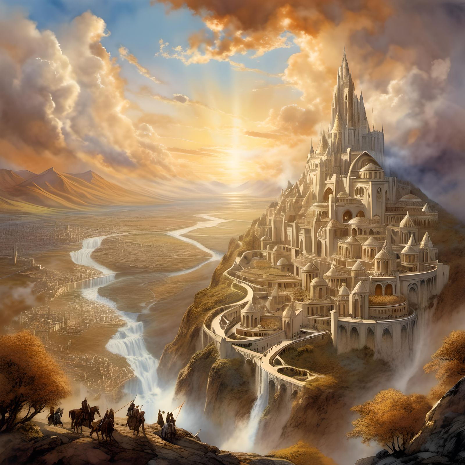 Watercolor Illustration of Minas Tirith, Lord of the Rings