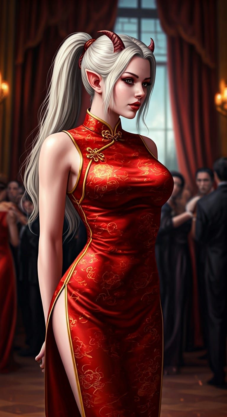 Tiefling Woman in Red Cheongsam: Fantasy Oil Painting