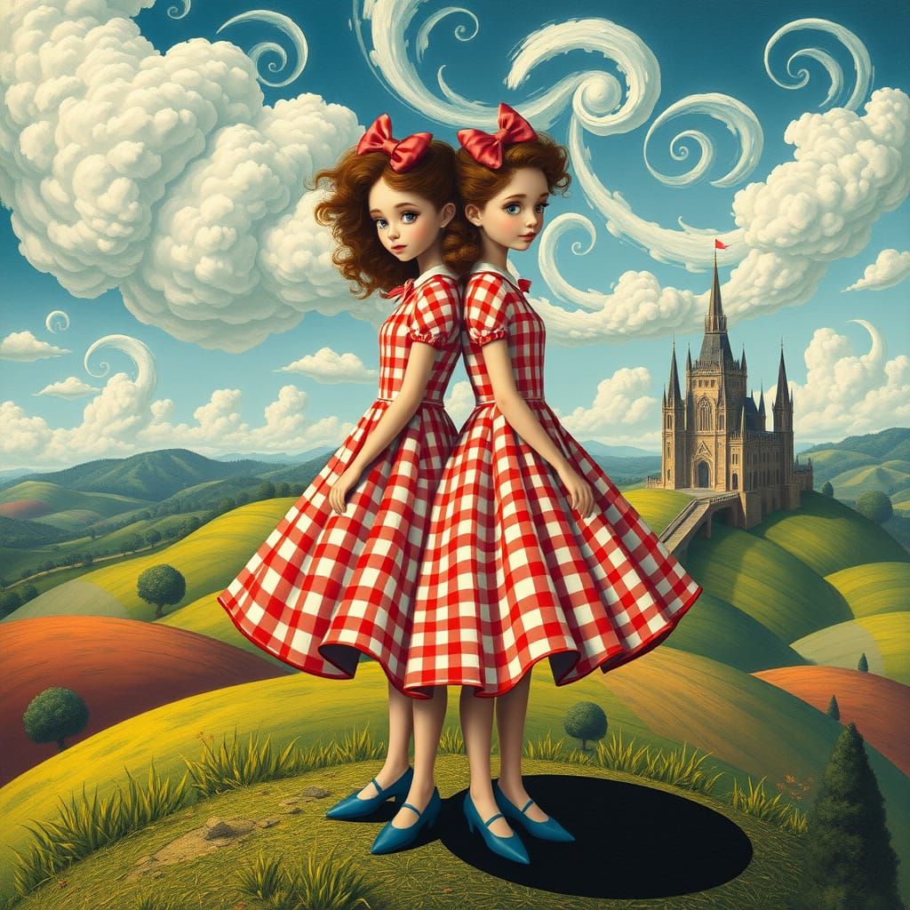 Surreal Twin Goddess in Vibrant Dream Landscape