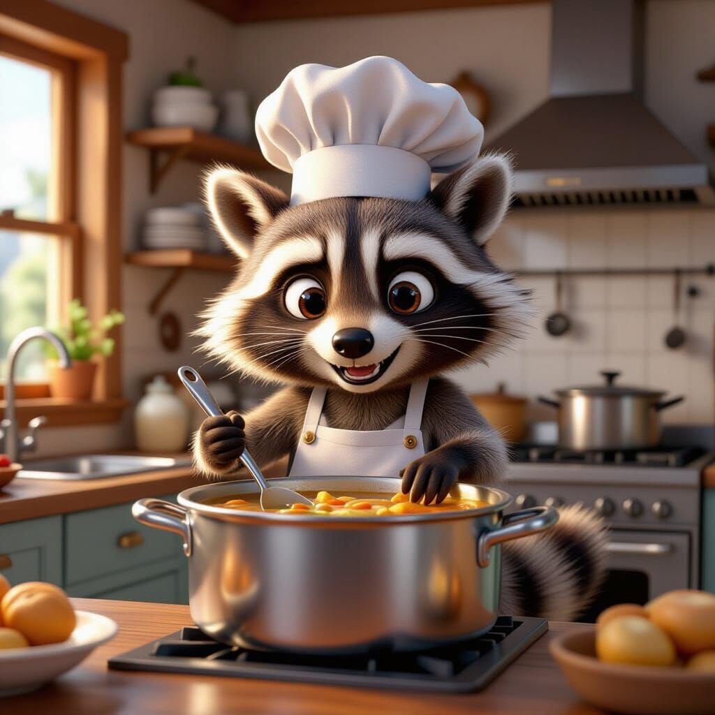 Raccoon Chef Stirring Soup: Pixar-Style CGI