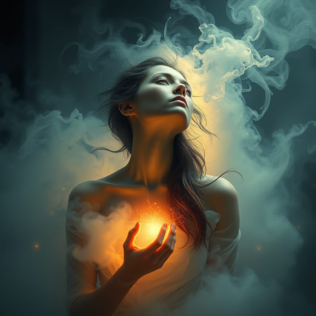 Woman with Glowing Secret in Dreamlike Digital Art
