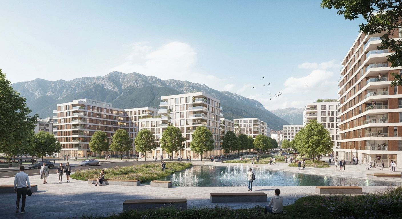 Sustainable Innsbruck Cityscape with Modern Housing & Mounta...