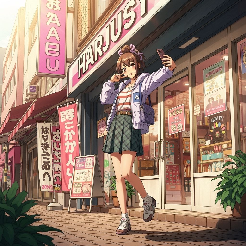 Akari's Harajuku Selfie: Trendy Outfit in Golden Sunlight