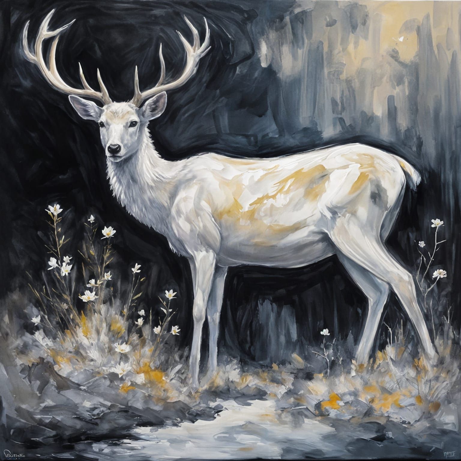 Luminous White Deer on Black Earth as Gouache Painting