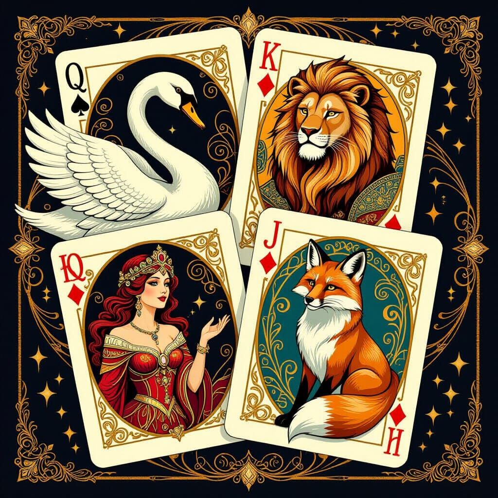 Fantasy Animal Deck of Cards in Art Nouveau Style