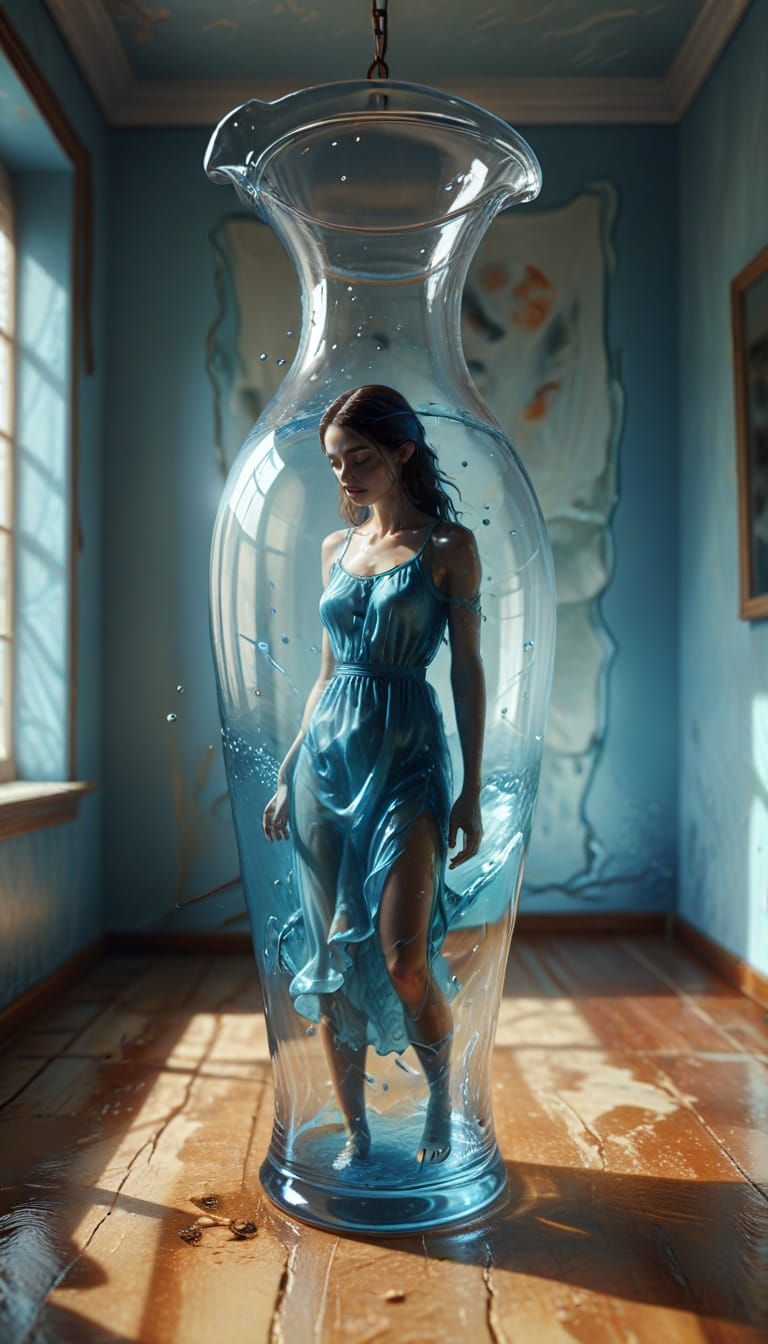 Surreal Girl in Glass Jug with Blue Water