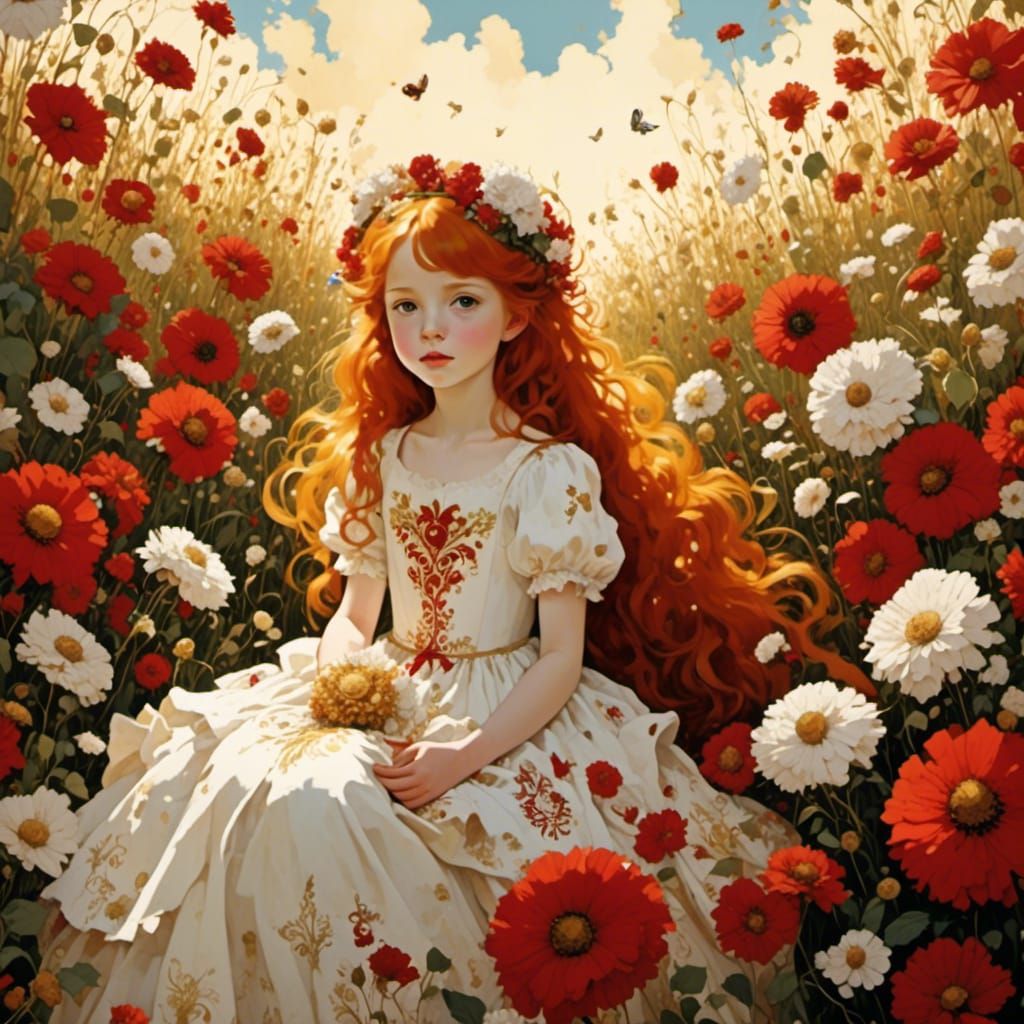 Anime Girl in Flower Field at Golden Hour