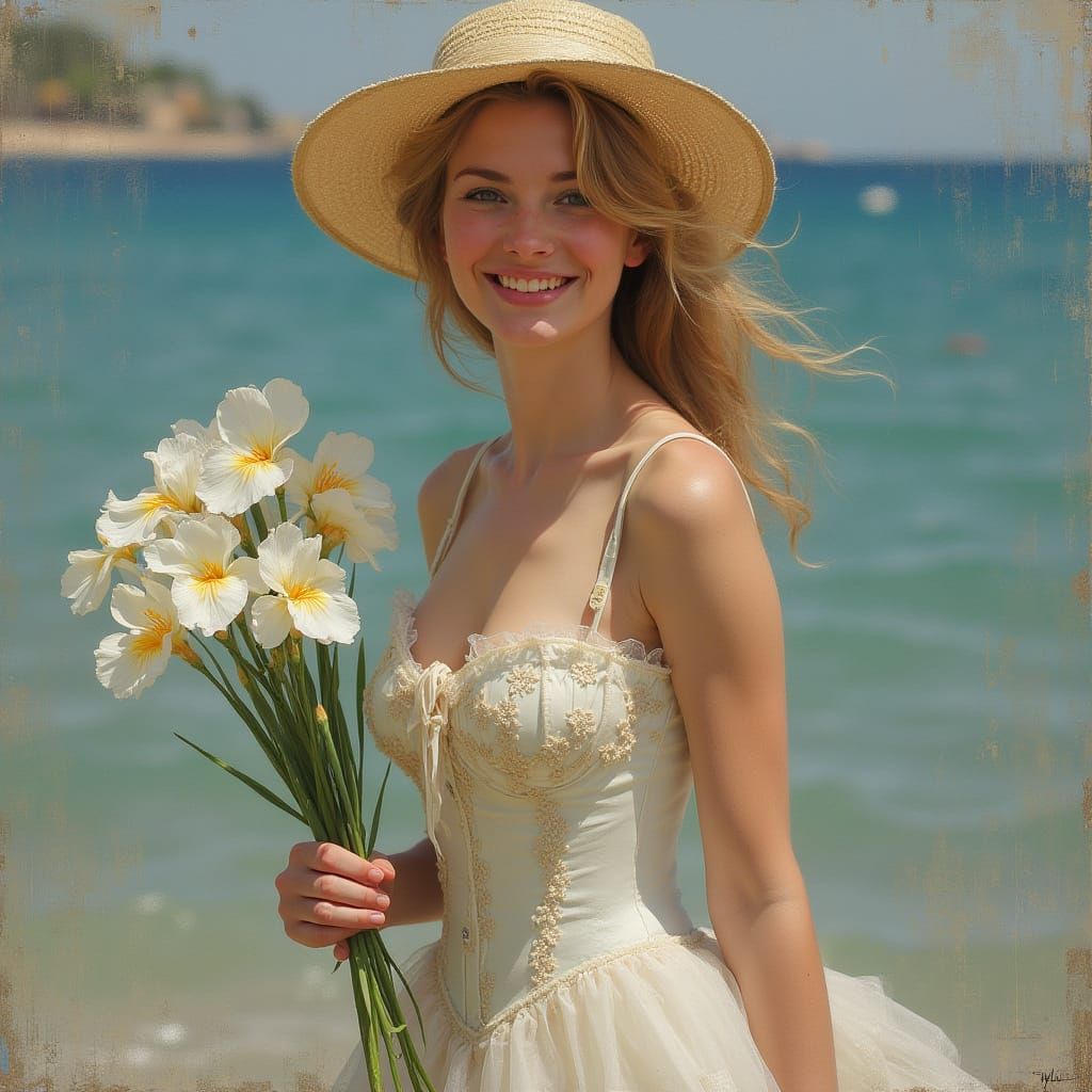 Elegant Woman with Iris Bouquet in Impressionist Style