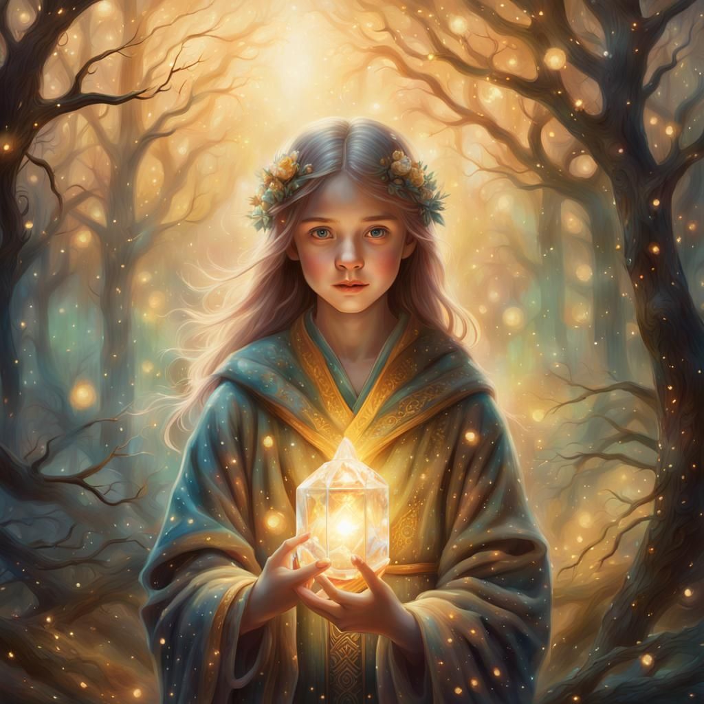 Young Wizard Girl Holding Glowing Crystal in Forest