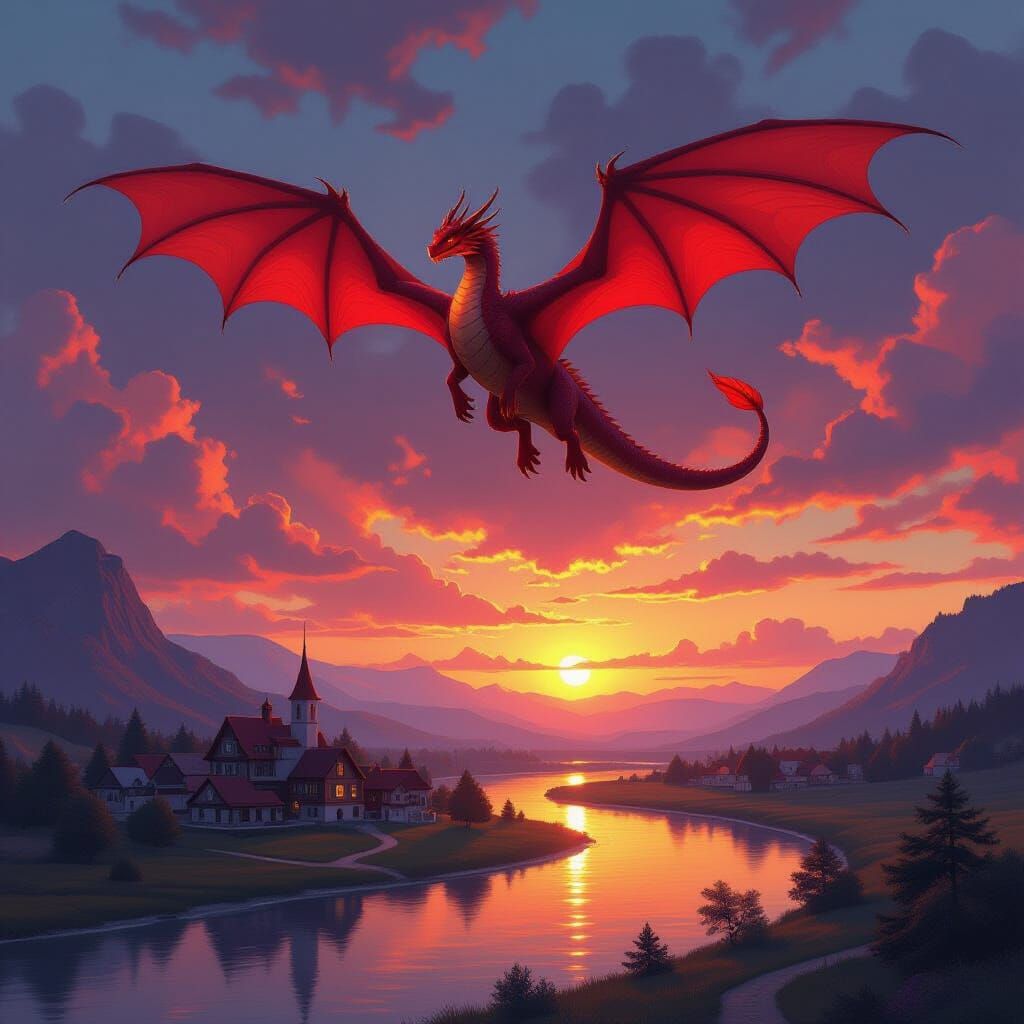 Scarlet Dragon Over Sunset Village