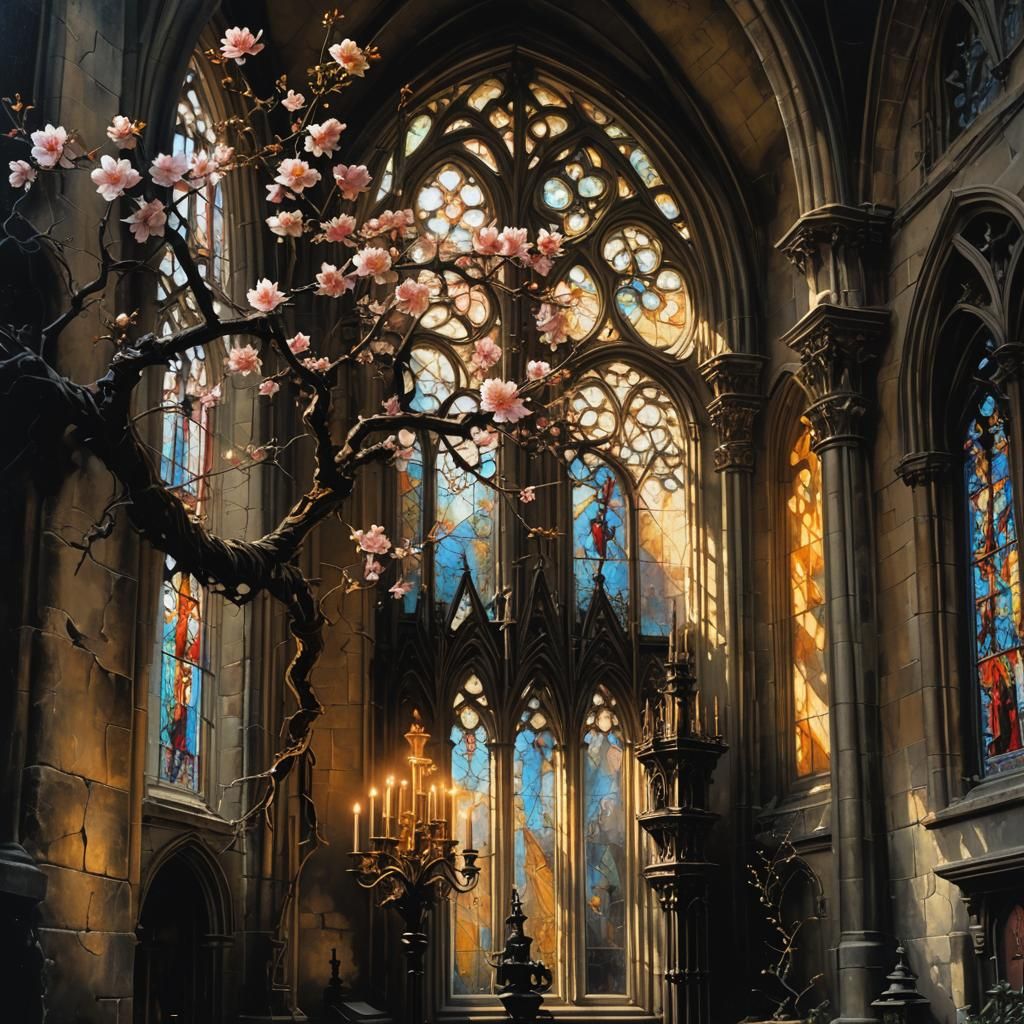 Gothic Cherry Blossom in Dimly Lit Cathedral