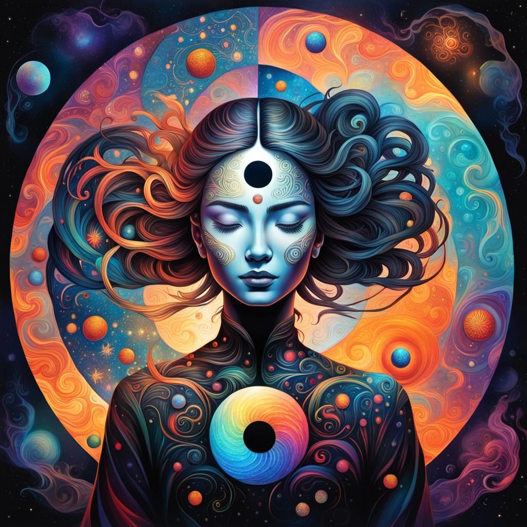Colorful Yin Yang Woman, Holographic Astral Art