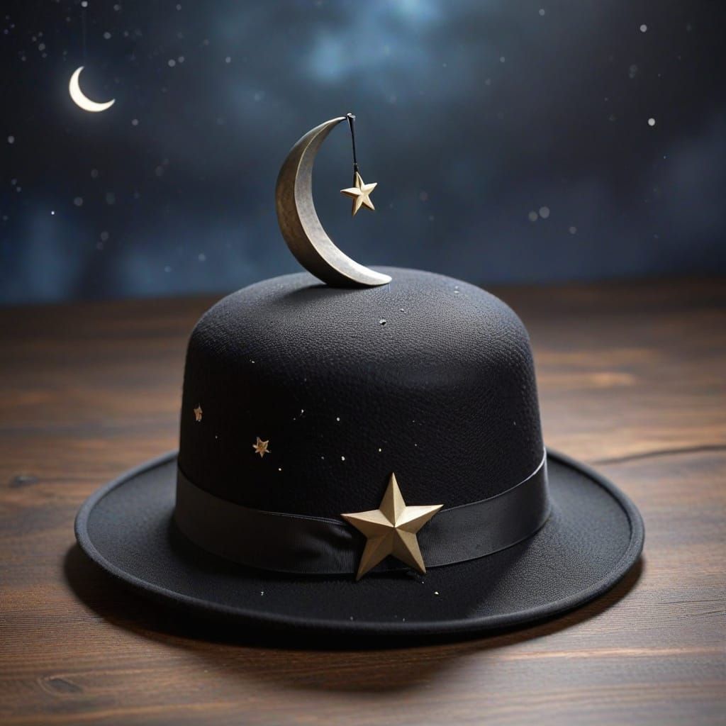 Surreal Bowler Hat Adorned with Crescent Moon and Star