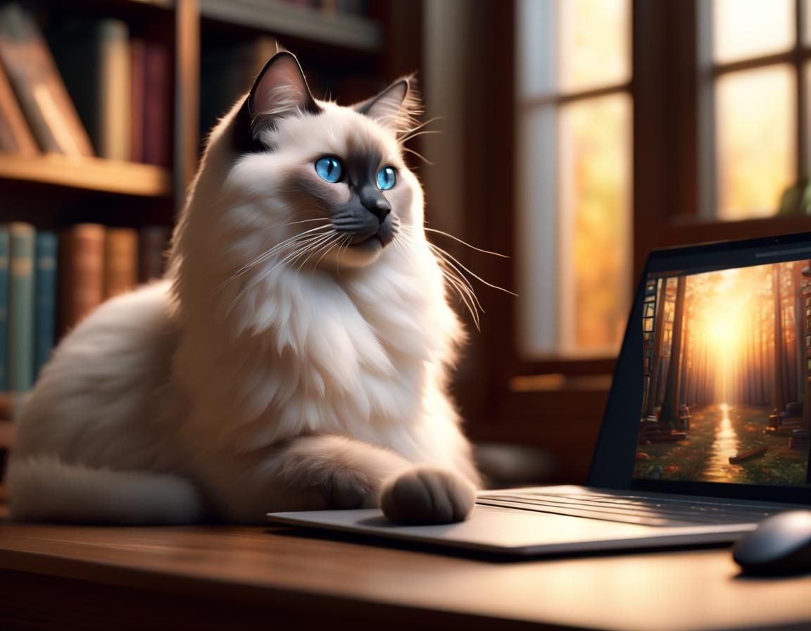 Ragdoll Cat Using Laptop in Cozy Library