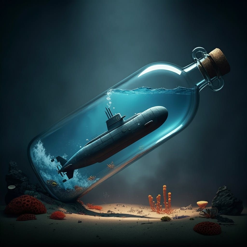 Submarine in a Bottle, Sinking in Hyperrealistic Style