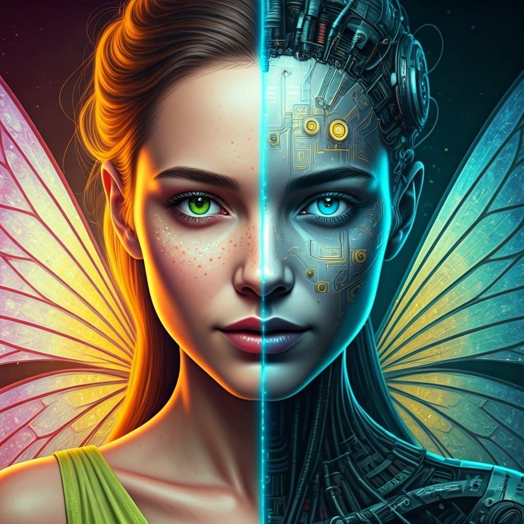 Fairy and Android Woman Split Portrait