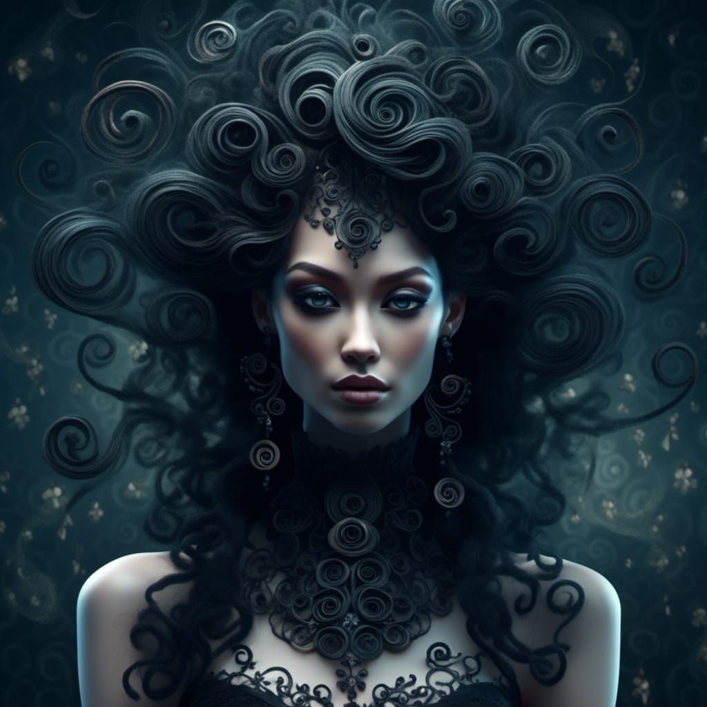 Surreal Gothic Woman Portrait with Swirling Decorations