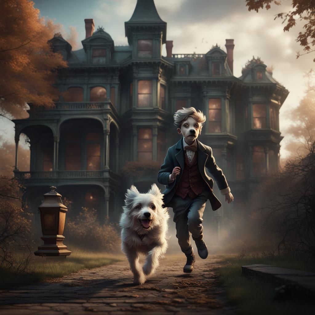 Spectral Boy and Dog Running to Victorian Mansion
