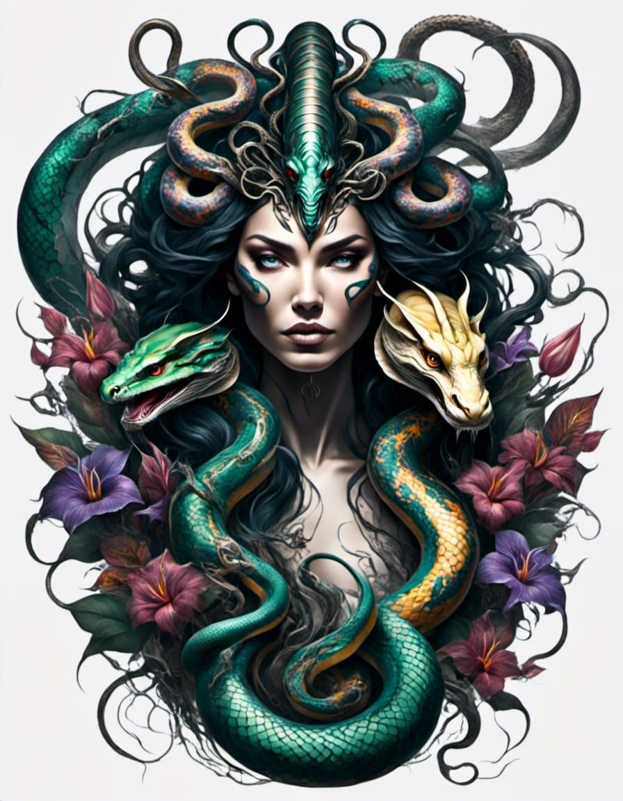 Witchy Medusa Tattoo Design with Snakes and Lilies