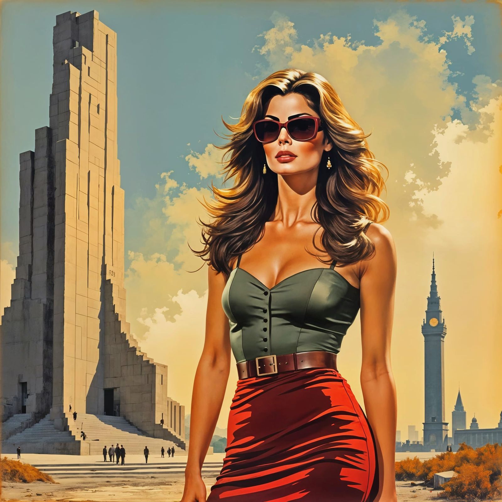 1967 Raquel Welch Before Soviet Monument in Brutalist Style