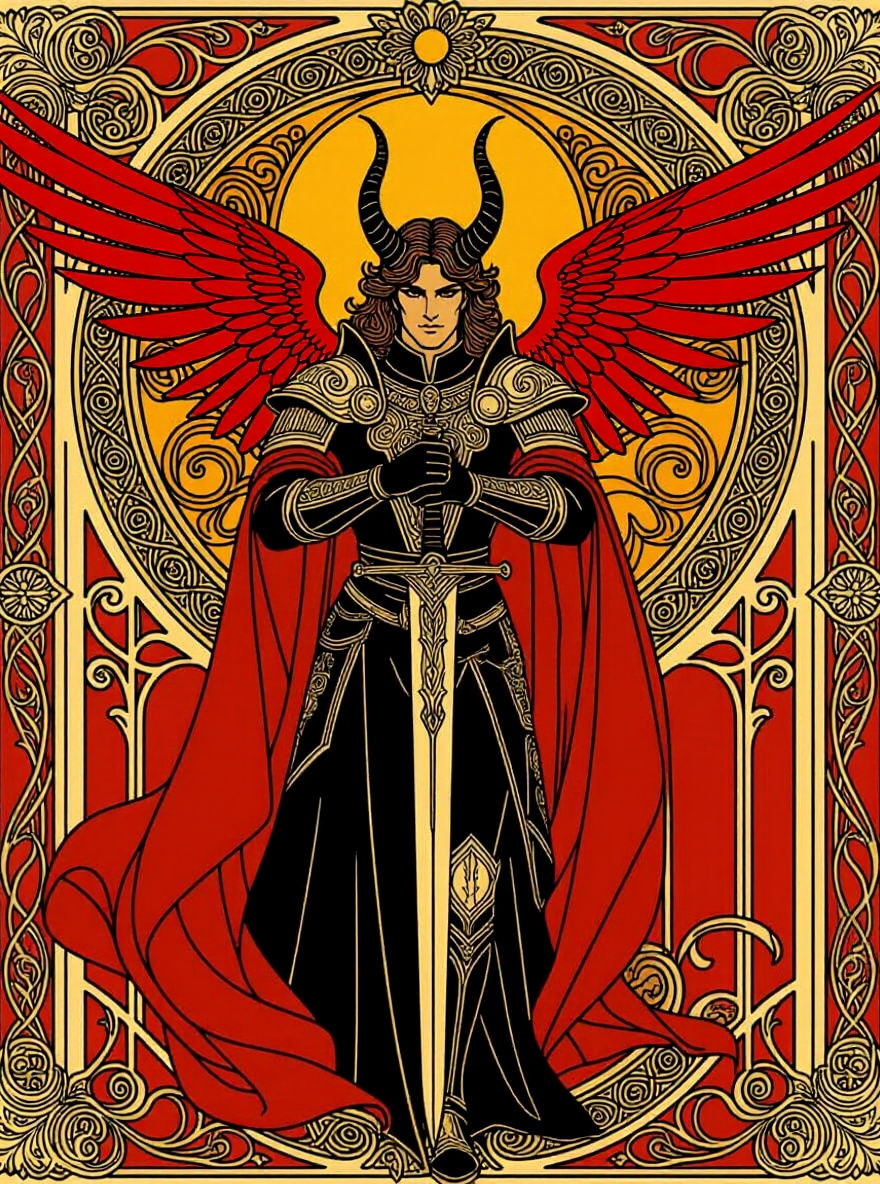 Art Nouveau Angel with Devil Horns and Sword